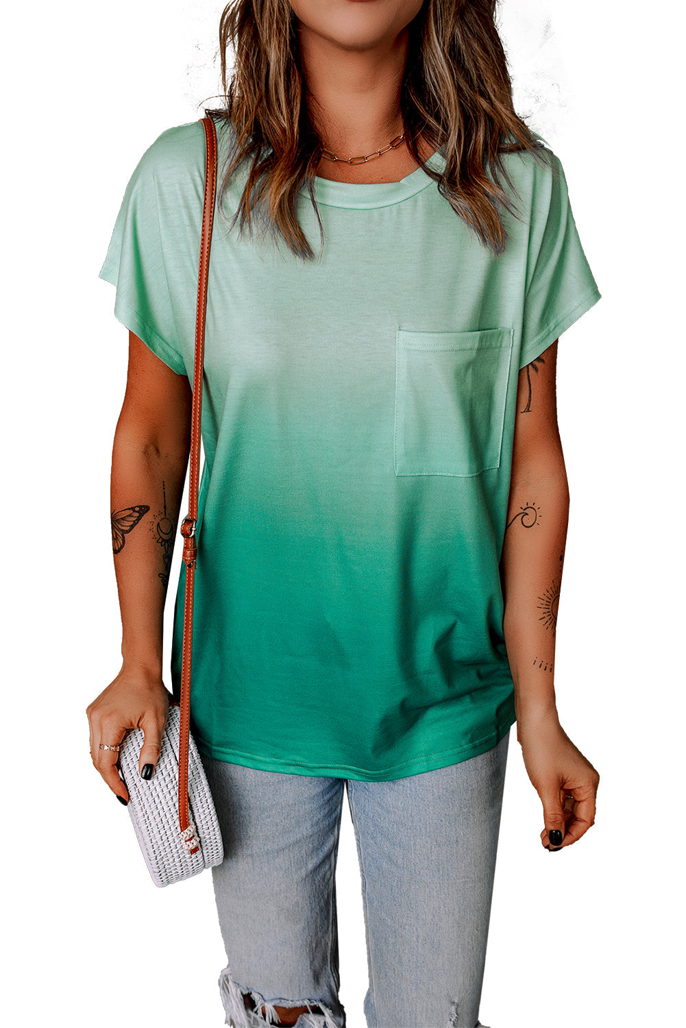 Green Striped Short Sleeve T-Shirt with Pocket and Gradient Color Detail