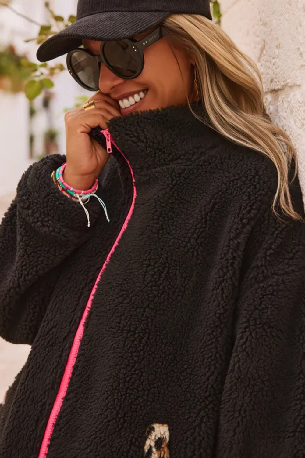 Black Fuzzy Contrast Trim Full Zip Sherpa Jacket with Pockets