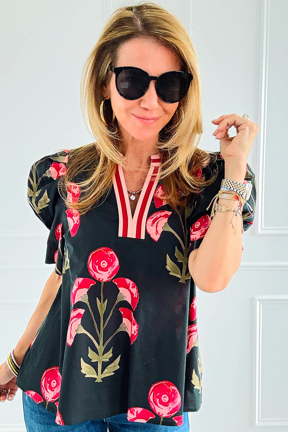 Black Floral Print Short Puff Sleeve Contrasted Striped V Neck Blouse