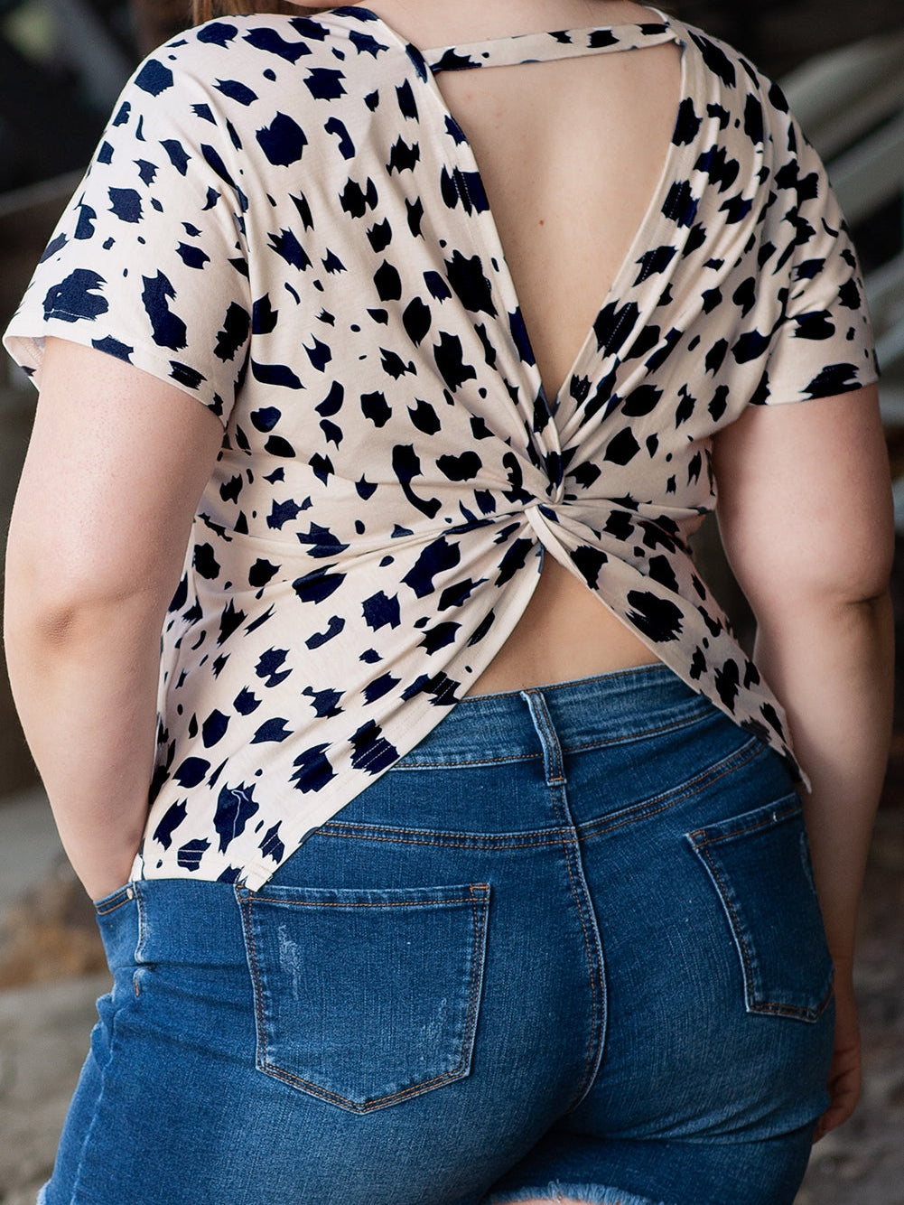 Khaki Leopard Print Twist Open Back Plus Size Top