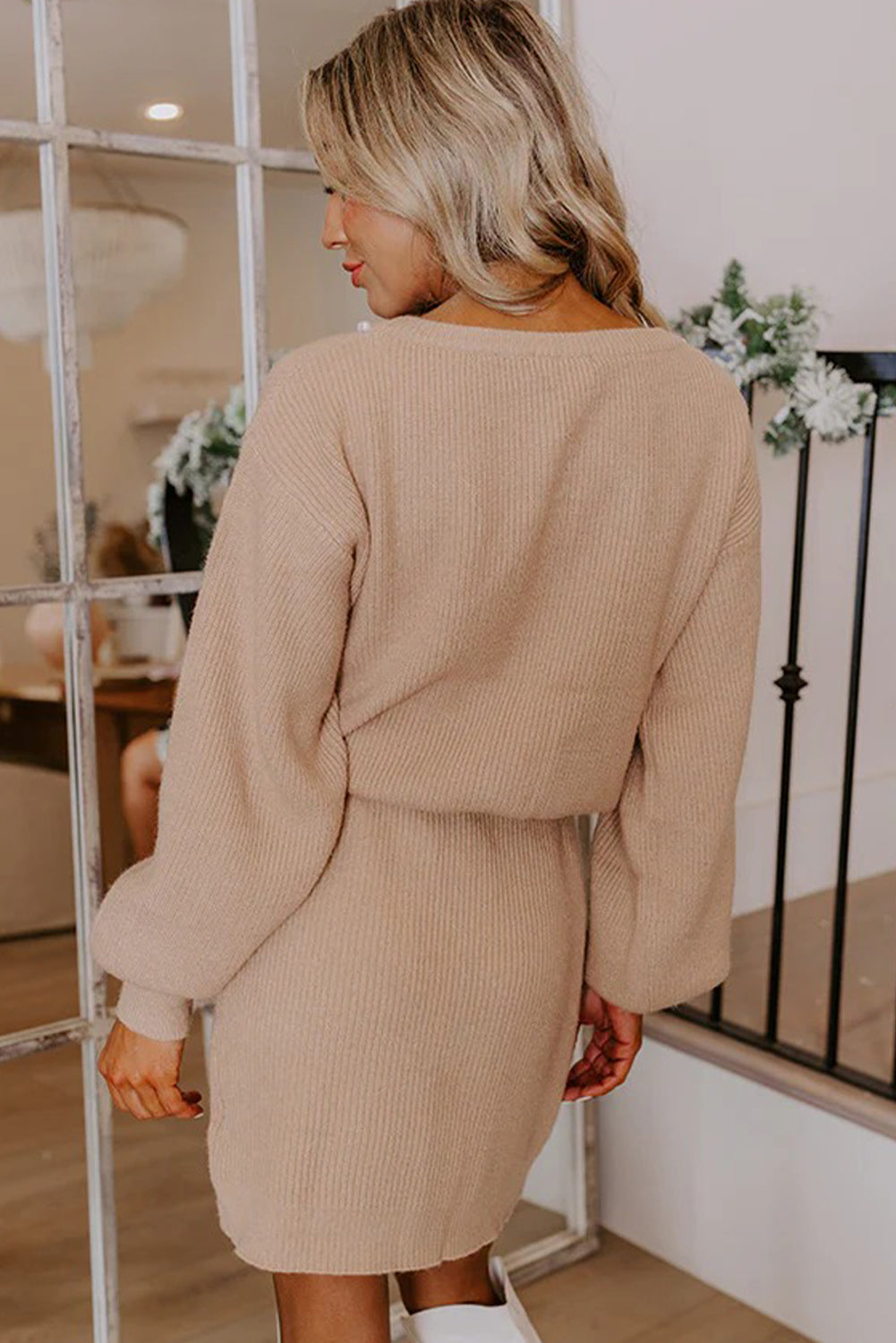 Smoke Gray Pearl Embellished Keyhole Ribbed Sweater Dress