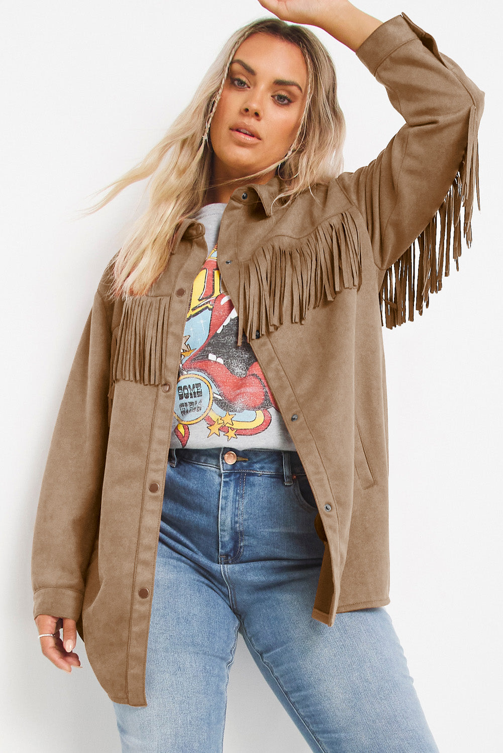 Khaki Suede Shacket with Fringe Detail for Plus Size Women