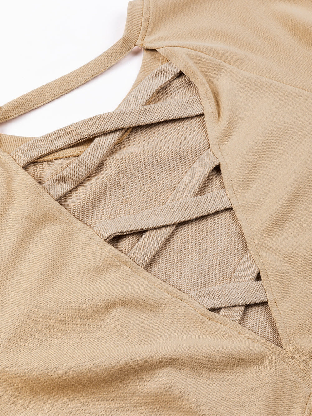 French Beige Lattice Hollow Out Back Sweatshirt for Casual Chic Comfort