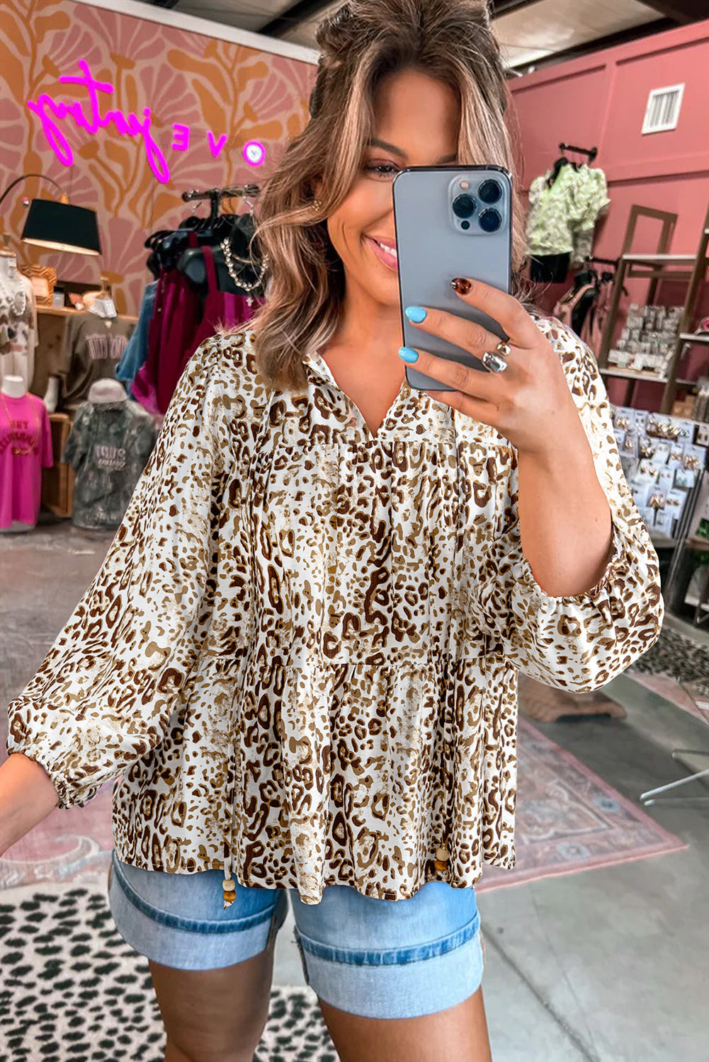 Khaki Leopard Print Long Sleeve Bead Tie V Neck Blouse