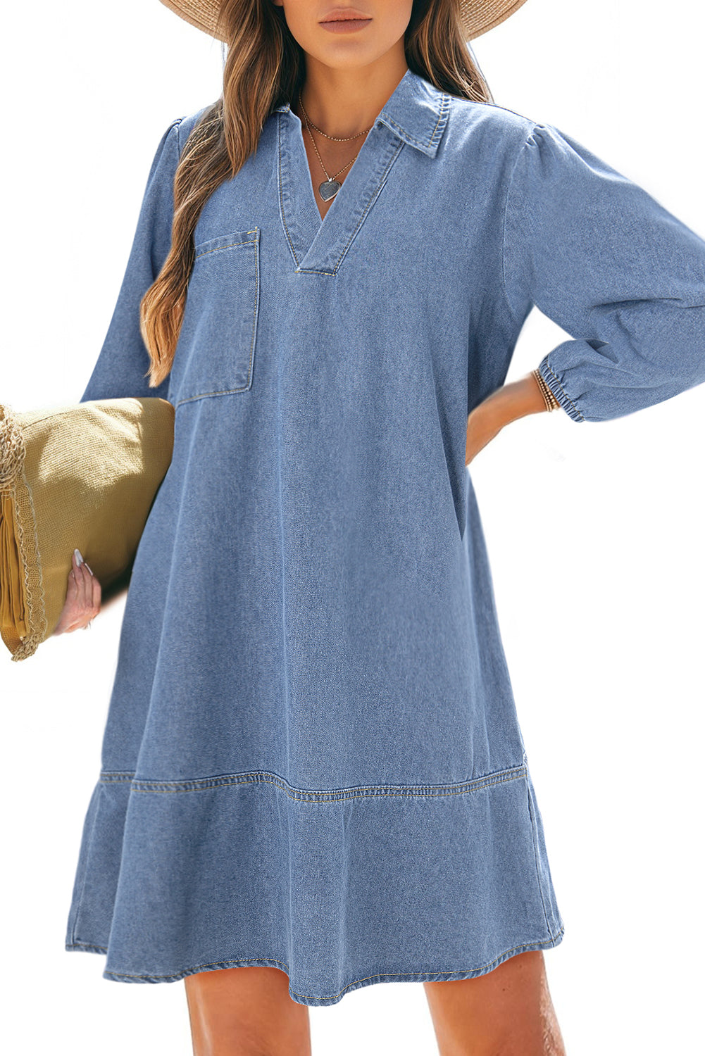 Beau Blue V Neck Collared Single Chest Pocket Long Sleeve Denim Dress