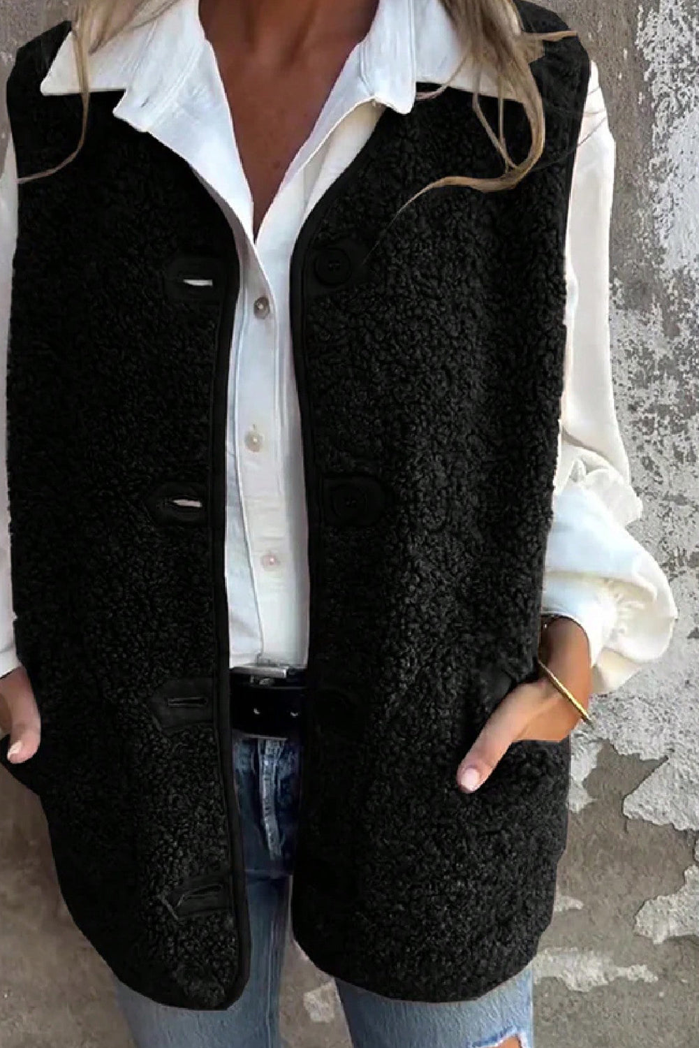 Black V Neck Button Front Plush Teddy Vest