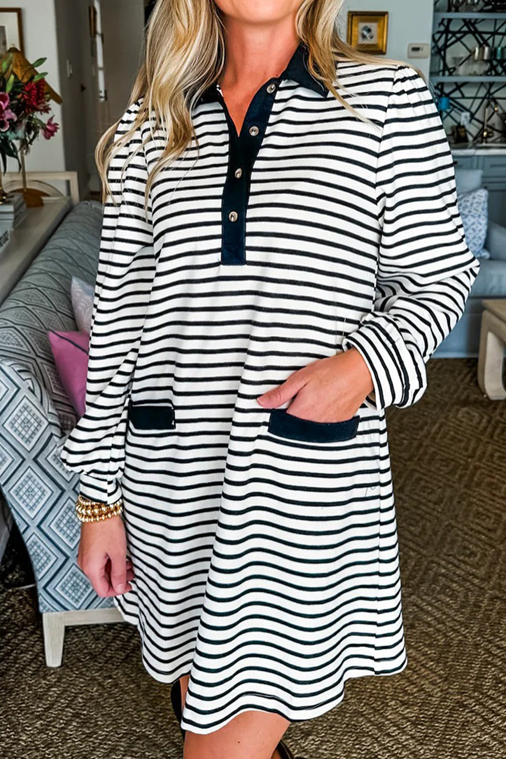 White Stripe Buttoned Front Collared Long Sleeve T Shirt Dress with Pockets