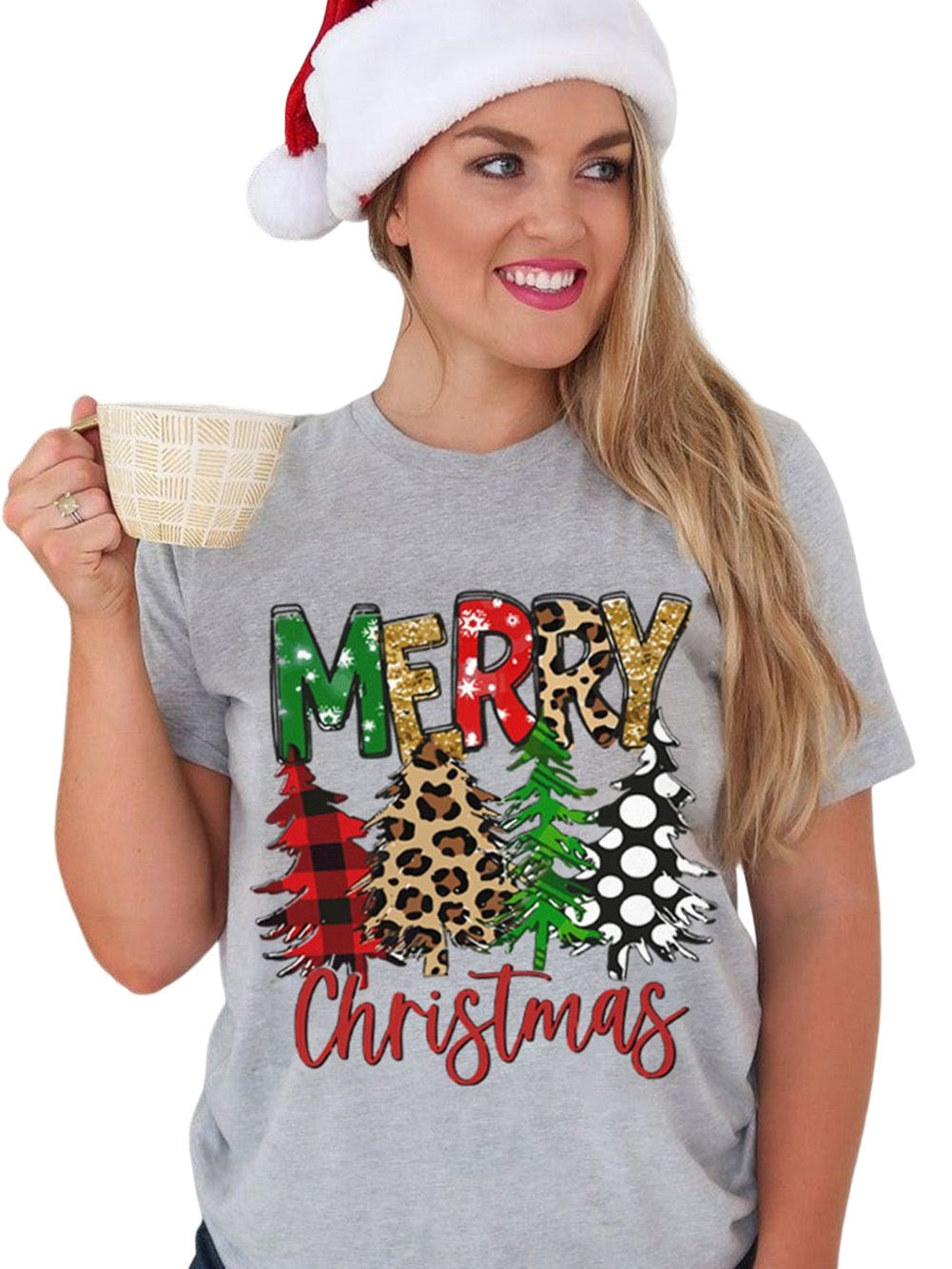 Festive Christmas Tree Patterned Gray Crew Neck Tee