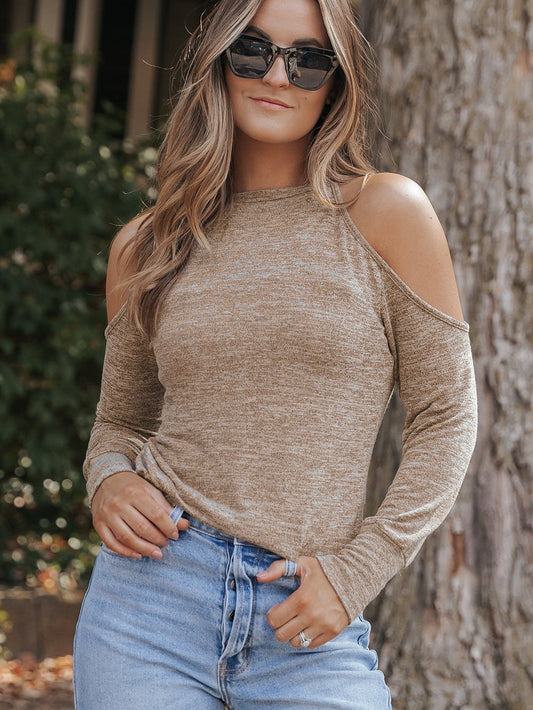 Khaki Marble Cold Shoulder Knit Top with Long Sleeves