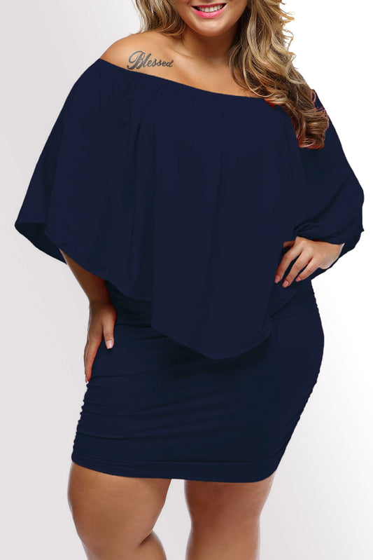 Layered Ruffle Top Plus Size Dark Blue Poncho Mini Dress