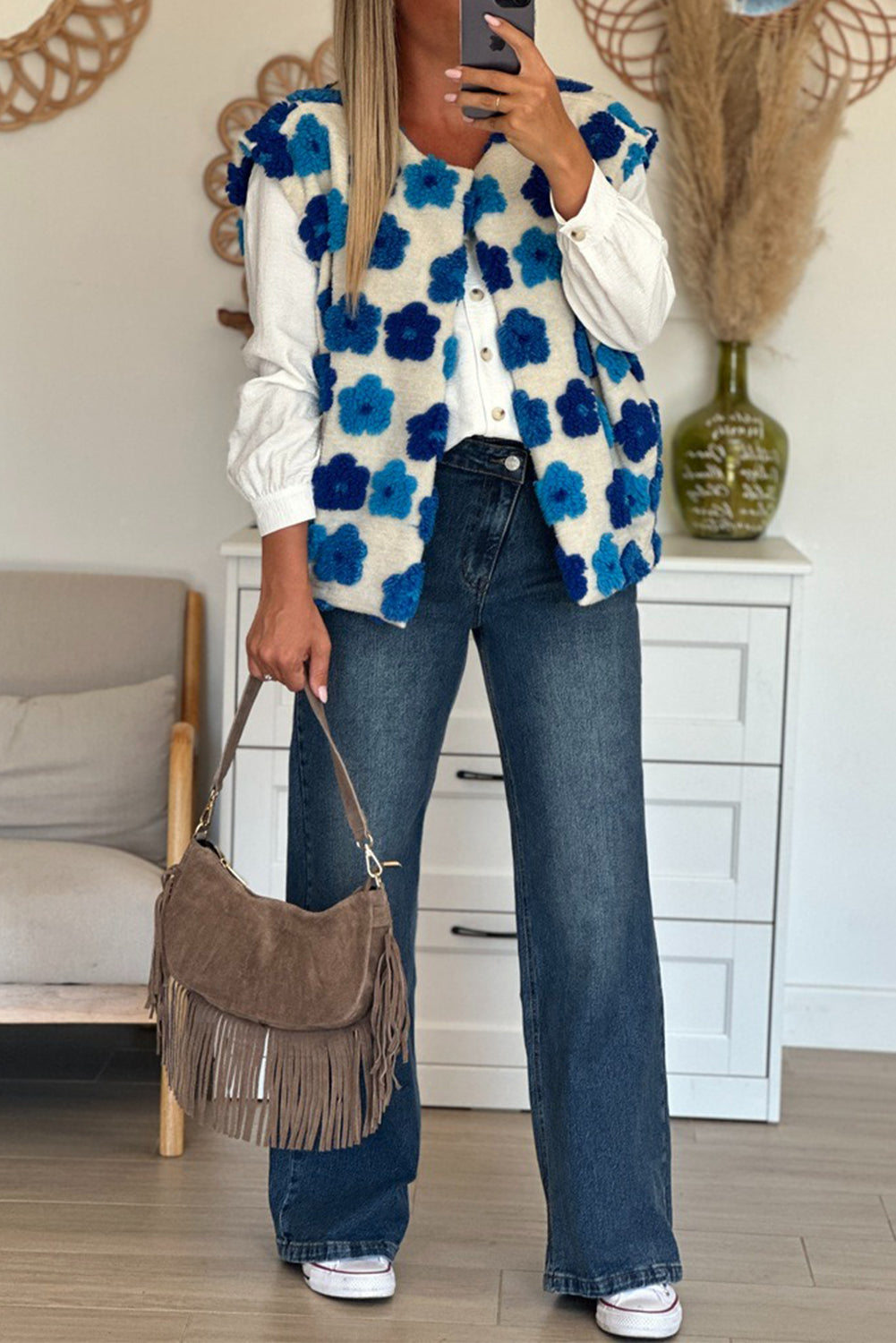 Sky Blue Plush Flower Embellishment Open Front Vest