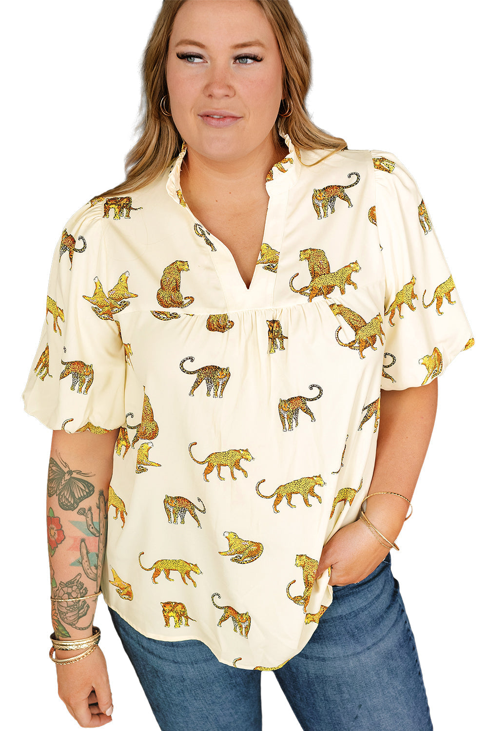 Wild Cheetah Print Beige Plus Size Puff Sleeve Blouse