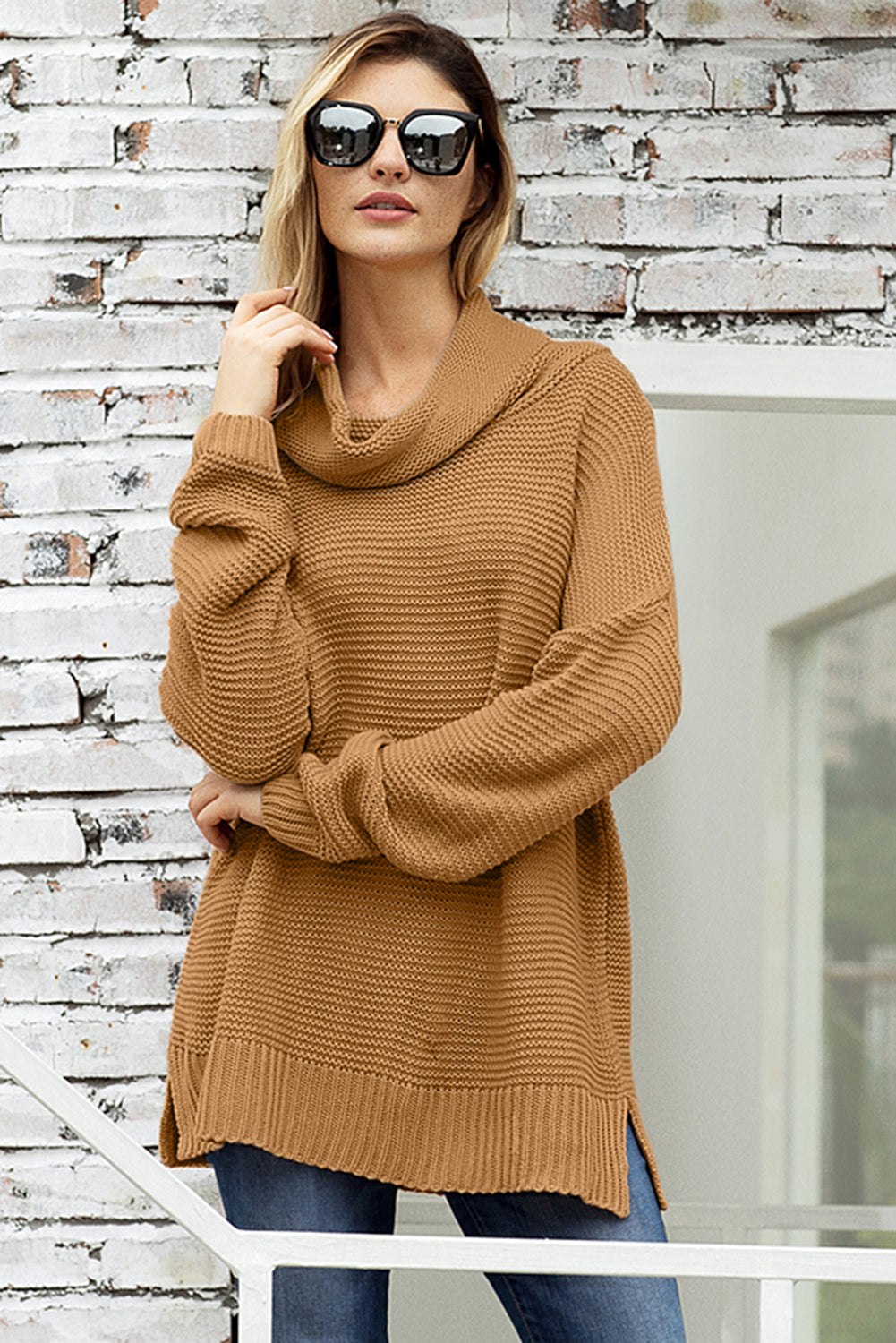 Khaki Warm and Cozy Turtleneck Sweater with Long Sleeves