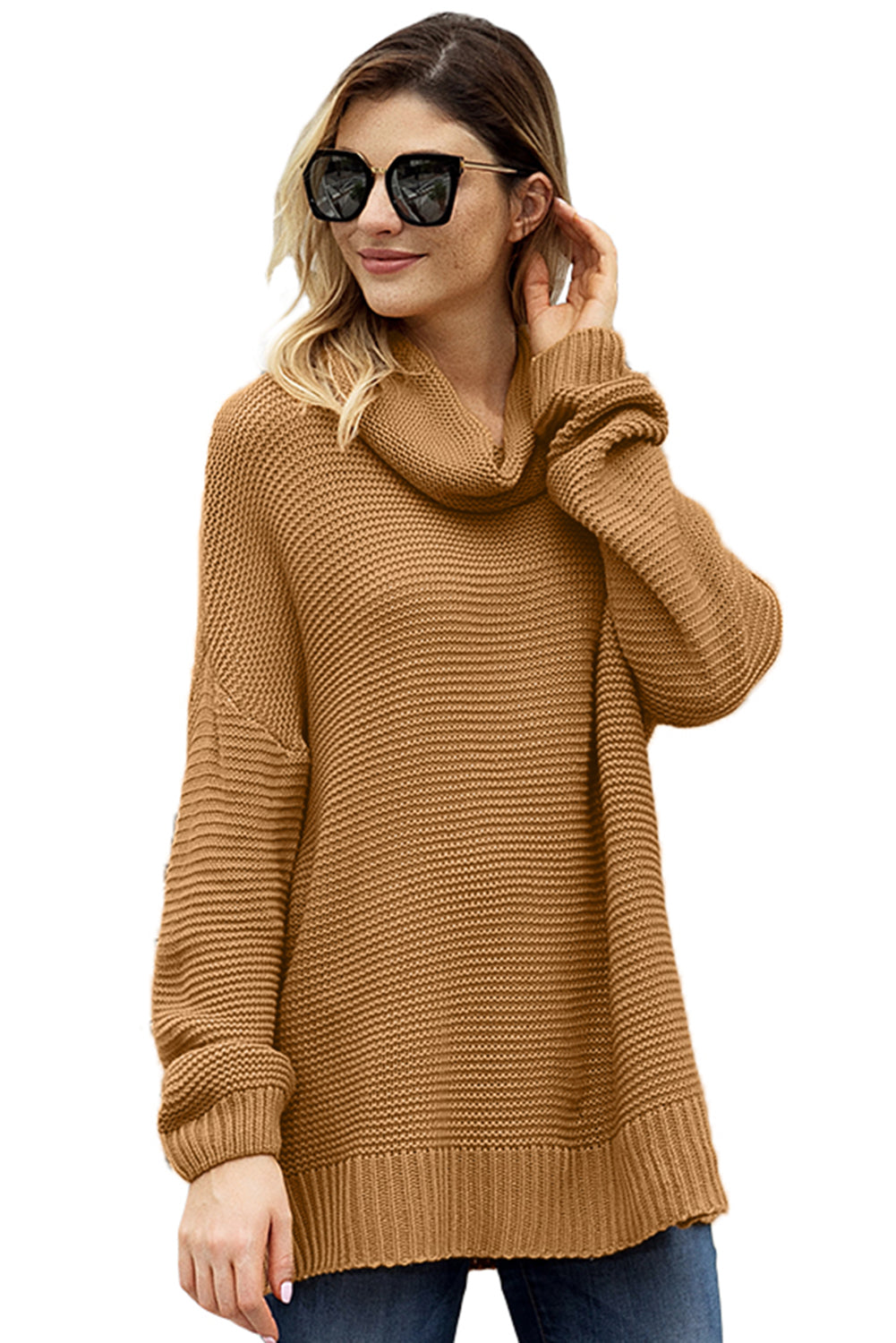 Khaki Warm and Cozy Turtleneck Sweater with Long Sleeves
