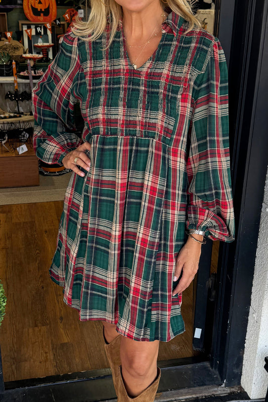 Green Retro Plaid Shirt Collar Notched Neck Long Sleeve Mini Dress