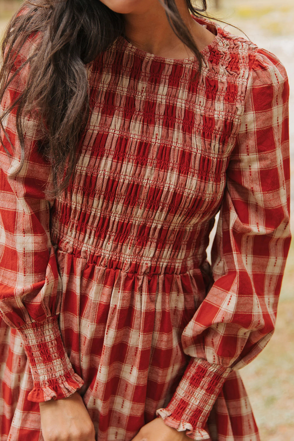Red Plaid Print Long Sleeve Smocked Flared Mini Dress