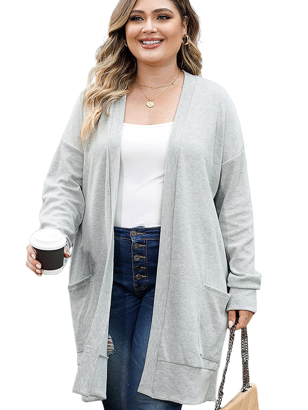 Thermal Knit Pocketed Plus Size Cardigan
