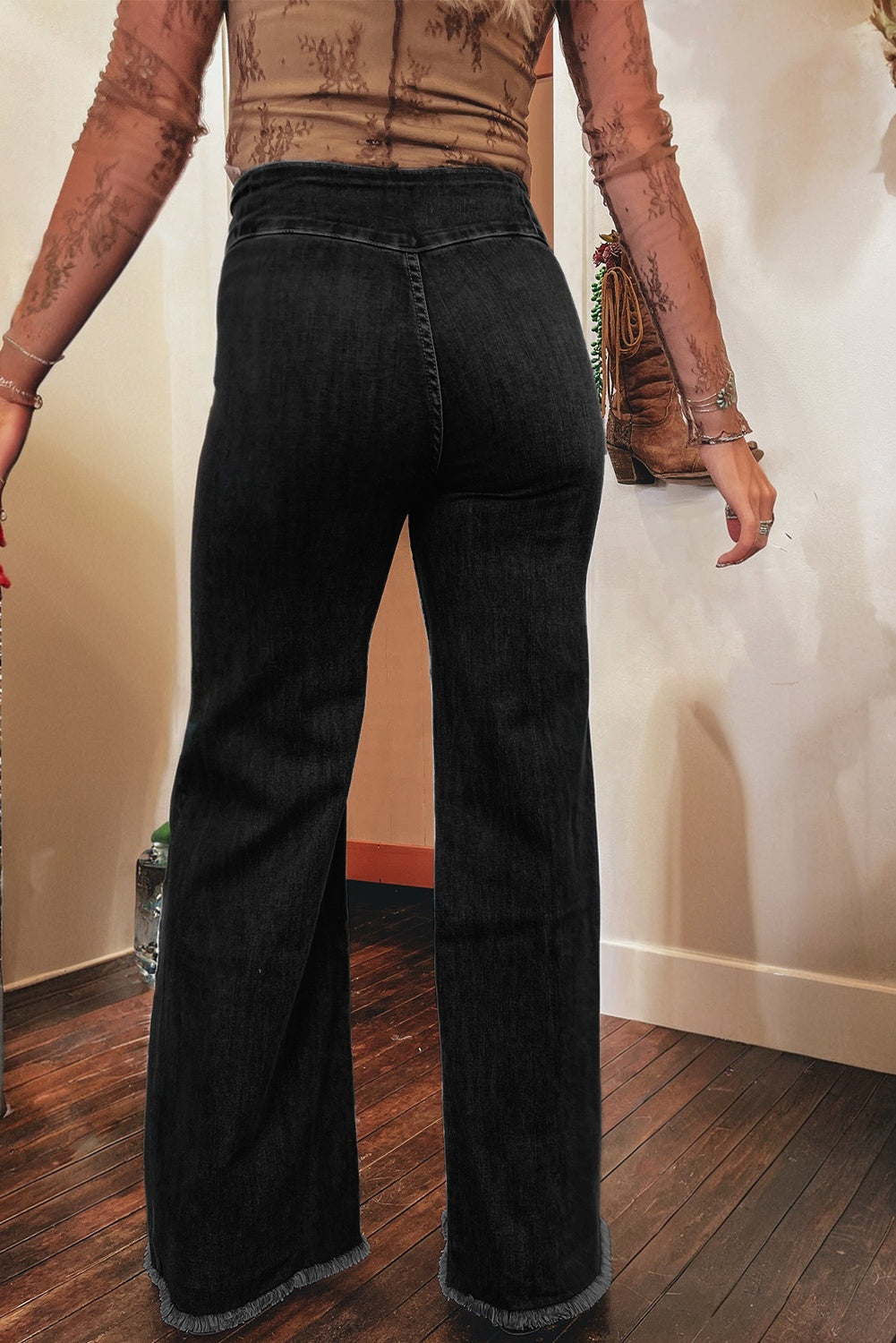 Black High Waist Button Fly Seamed Raw Hem Flare Jeans