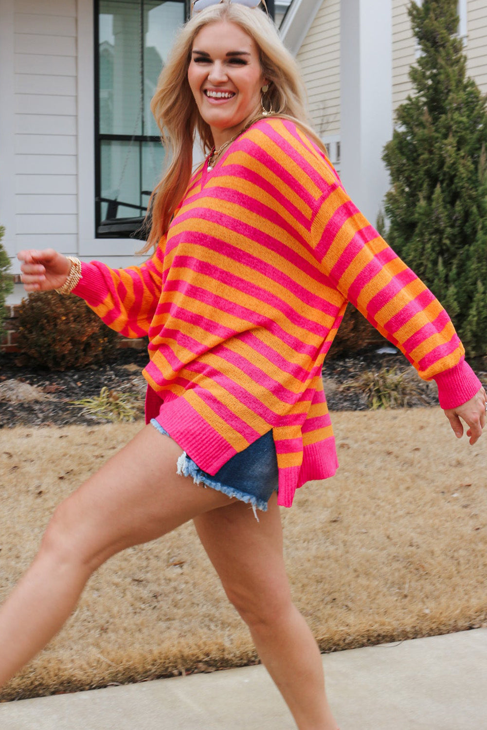 Beige Stripe V Neck Loose Fit Plus Sweater with Slits