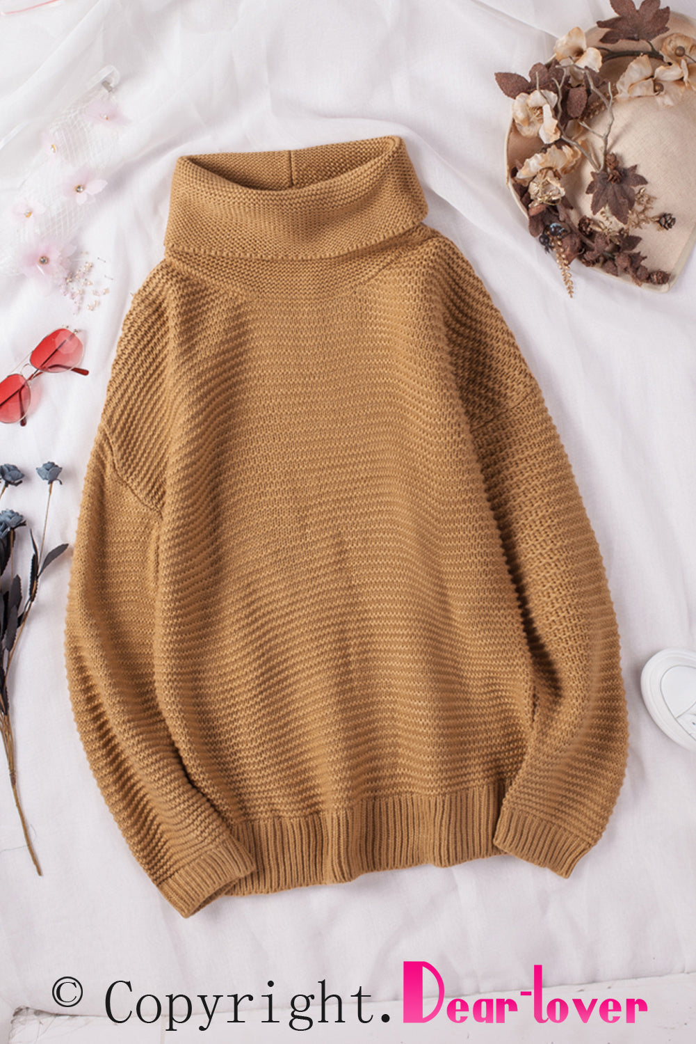 Khaki Warm and Cozy Turtleneck Sweater with Long Sleeves