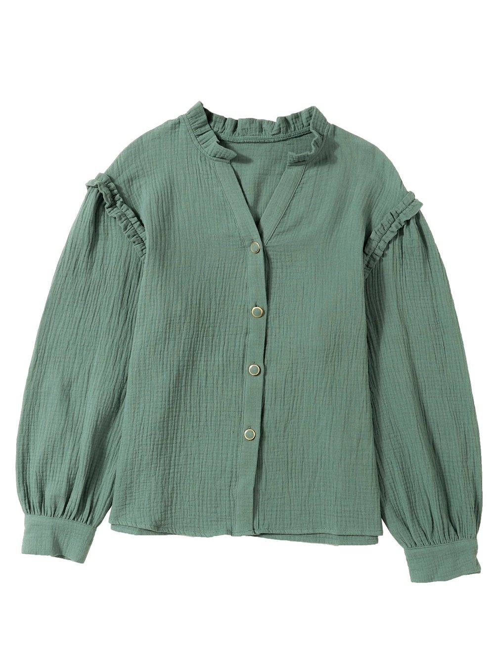 Green Crinkled Shirt with Frilled Split Neck