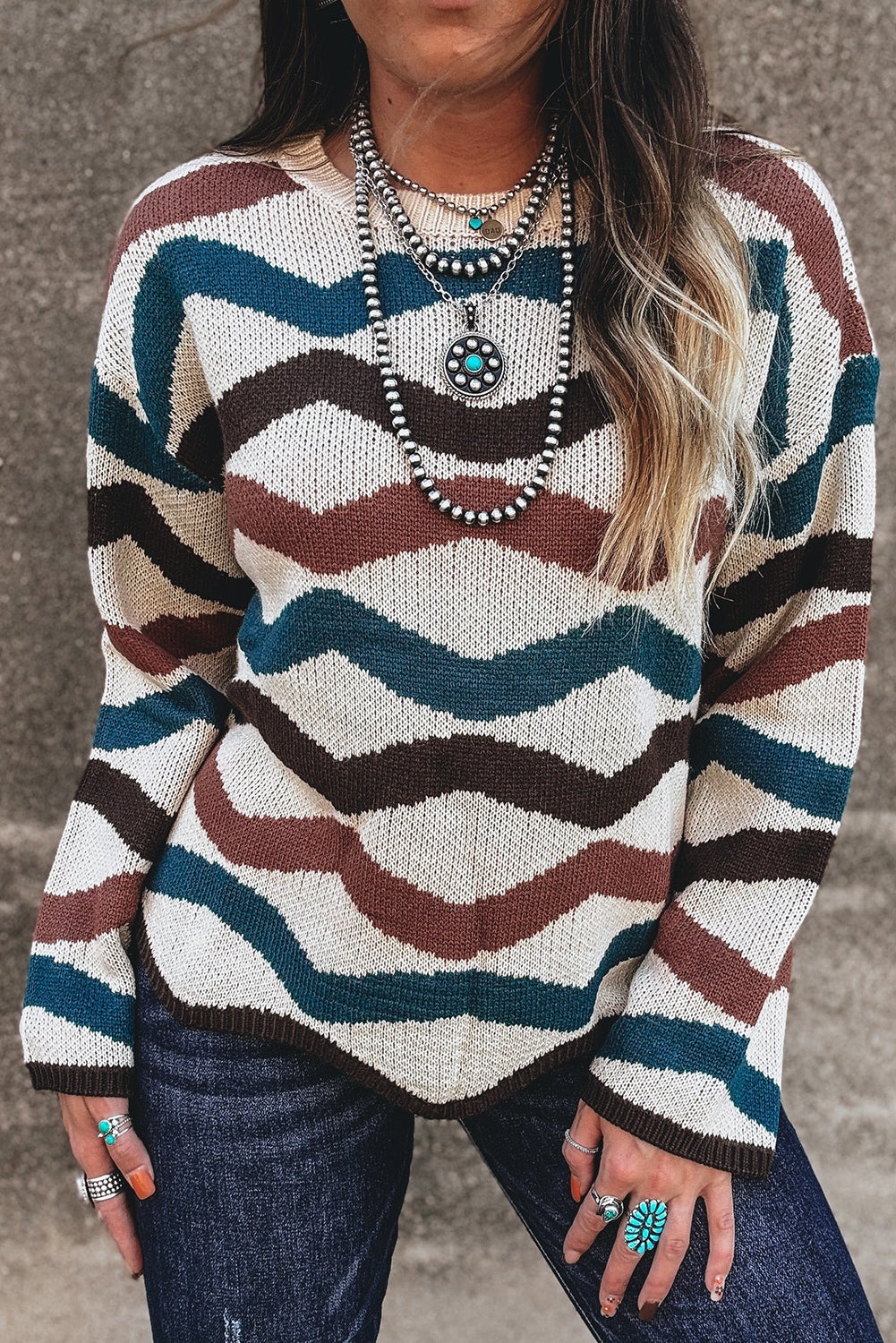 Multicolour Retro Wave Print Western Sweater