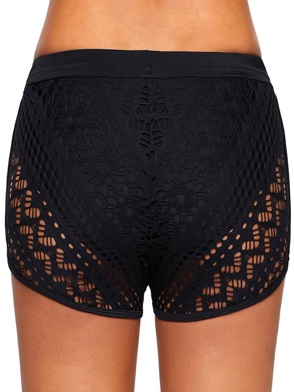 Lace Overlay Black Swim Trunk with Hollow Out Design