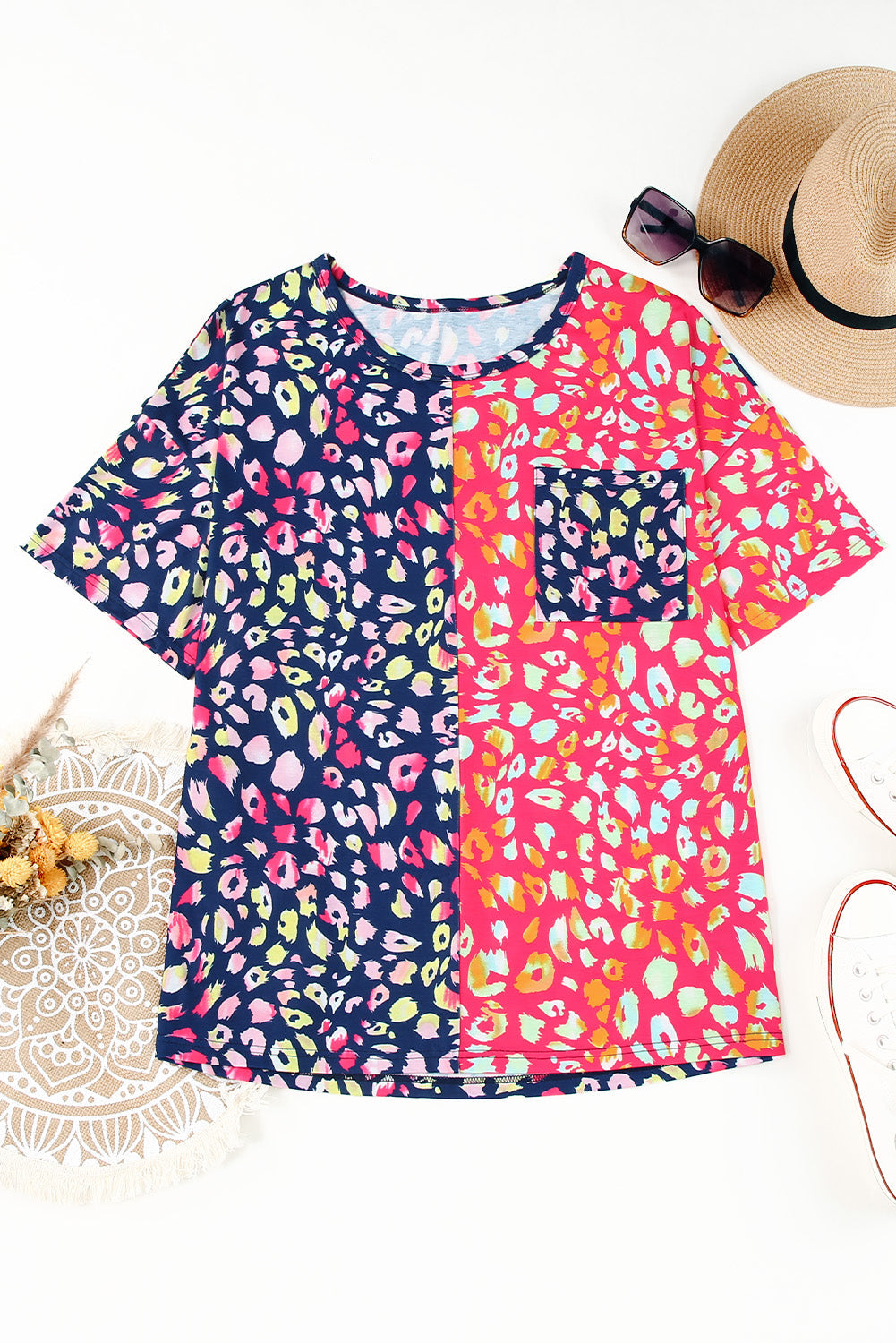 Leopard Patchwork Crew Neck Plus Size Tee