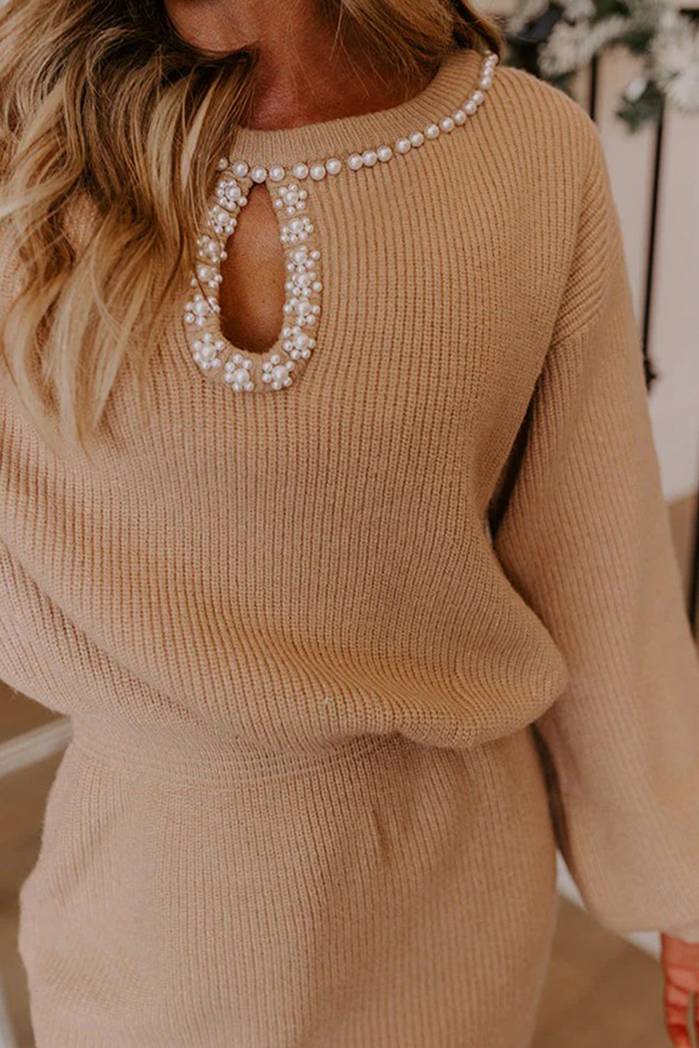 Smoke Gray Pearl Embellished Keyhole Ribbed Sweater Dress
