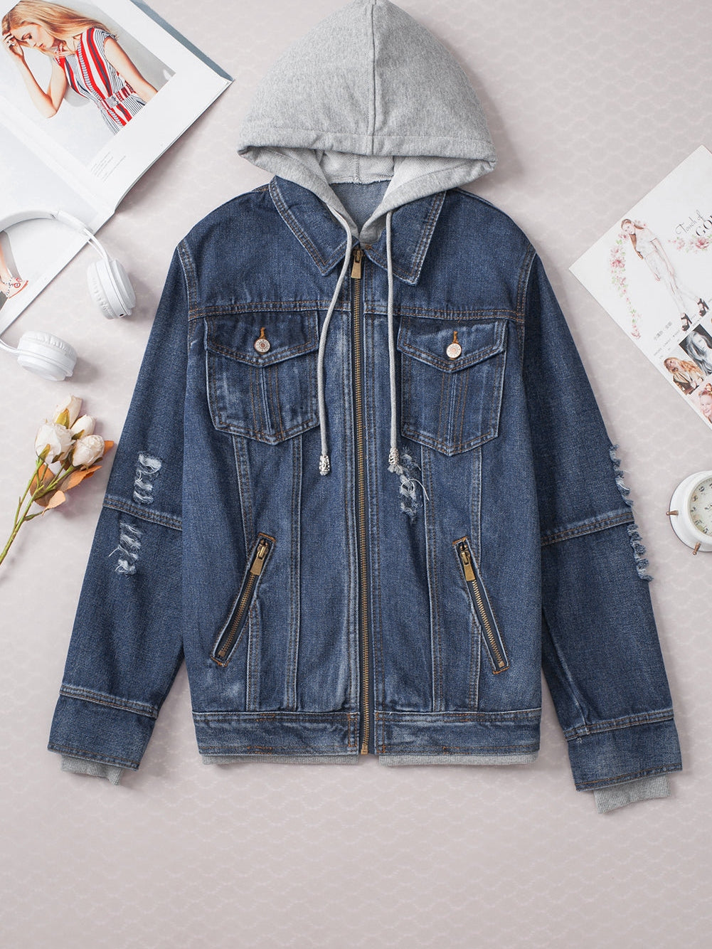 Layered Dark Blue Hooded Zip-Up Denim Jacket with Distressed Detail