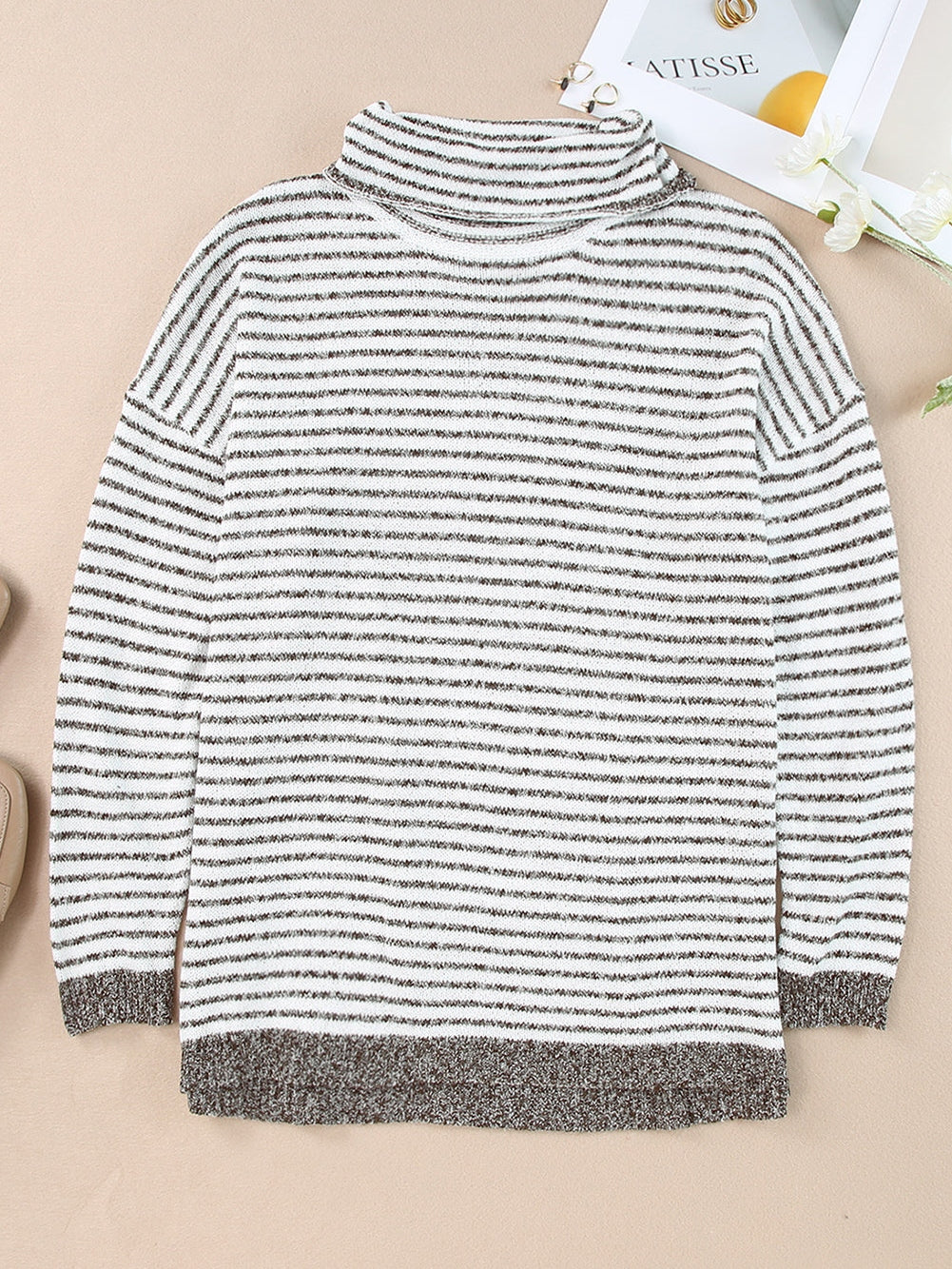 Khaki Striped Turtleneck Knit Sweater for Women