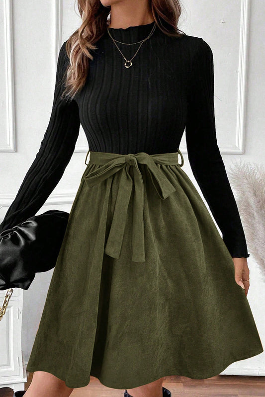 Black Ribbed Knit Slim Bodice Contrast Flared Skirt Patchwork Belted Dress