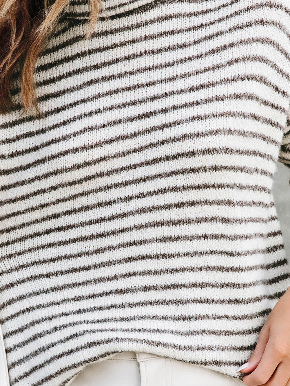 Khaki Striped Turtleneck Knit Sweater for Women