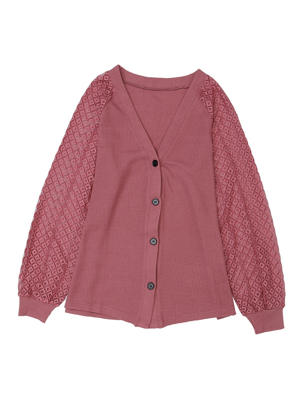Lacy Waffle Knit Button-Up Cardigan with Long Sleeves