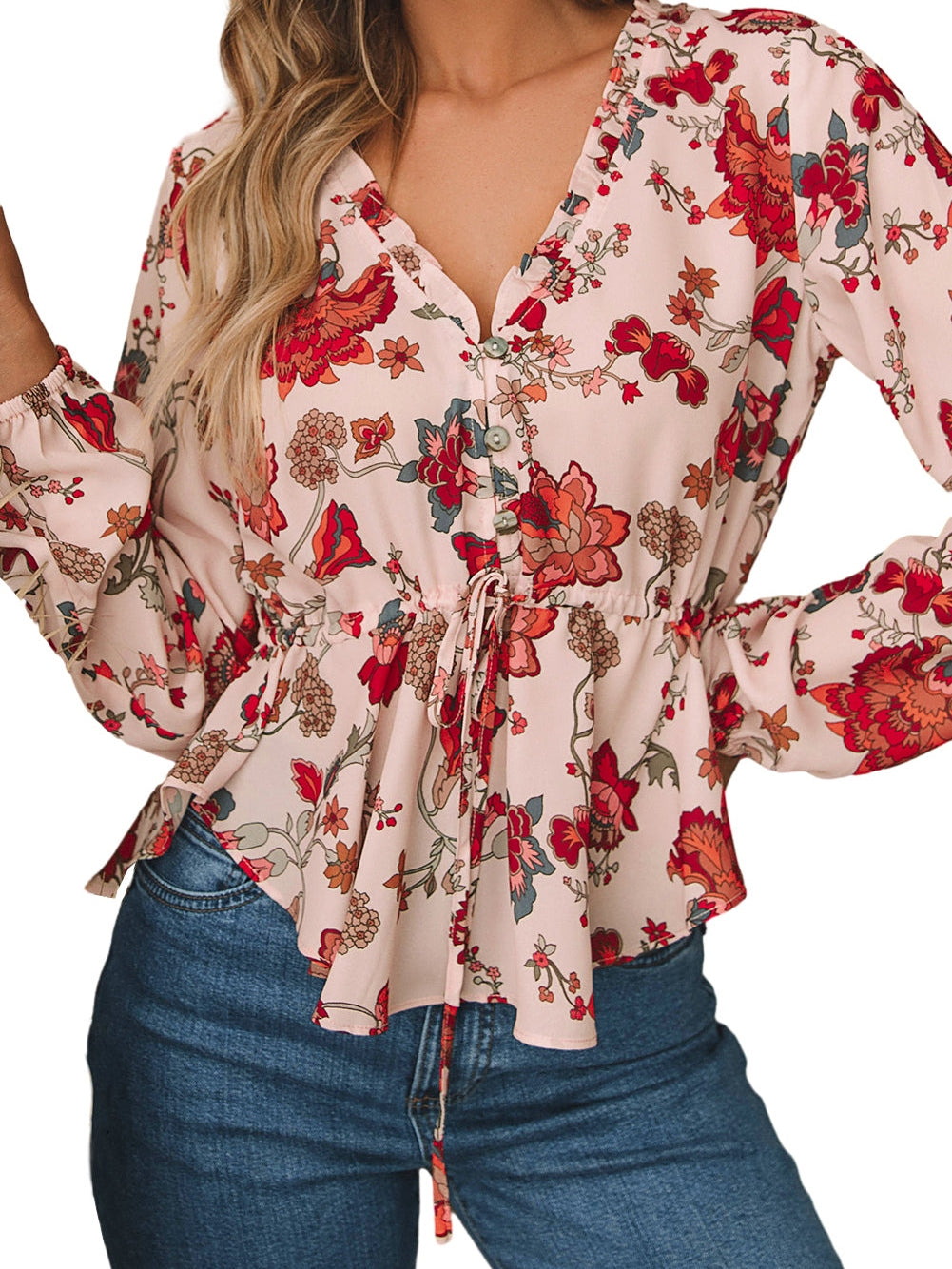 Floral Peplum V Neck Drawstring Blouse with Puff Sleeves