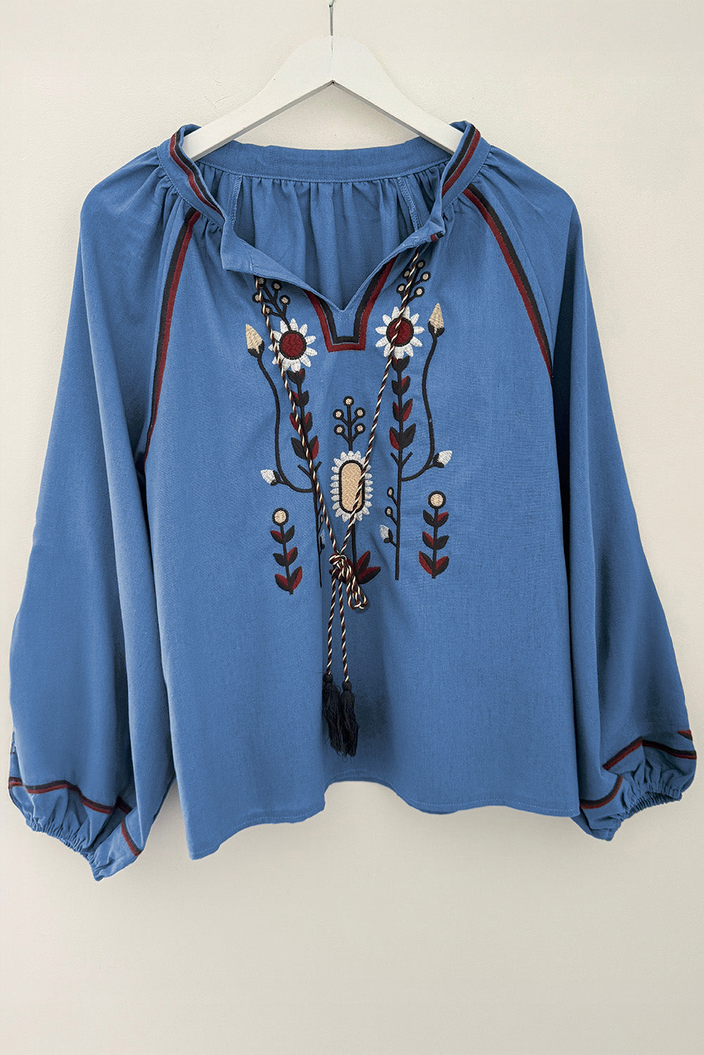 Real Teal Floral Embroidered Split Neck Tassel Tie Puff Sleeve Blouse