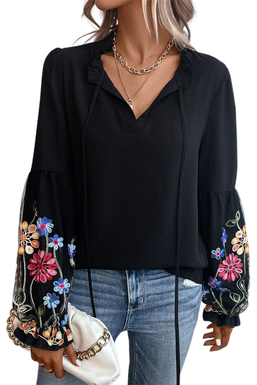 Elegant Black Floral Embroidered Flounce Sleeve Blouse with Split V-Neck