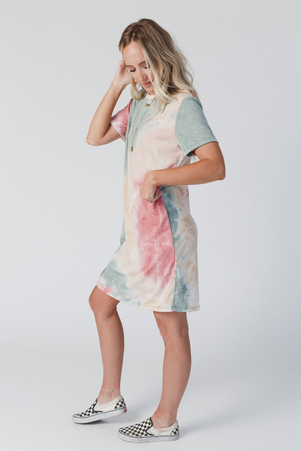 Loose Printed Short Sleeve Zippered V-neck Dress