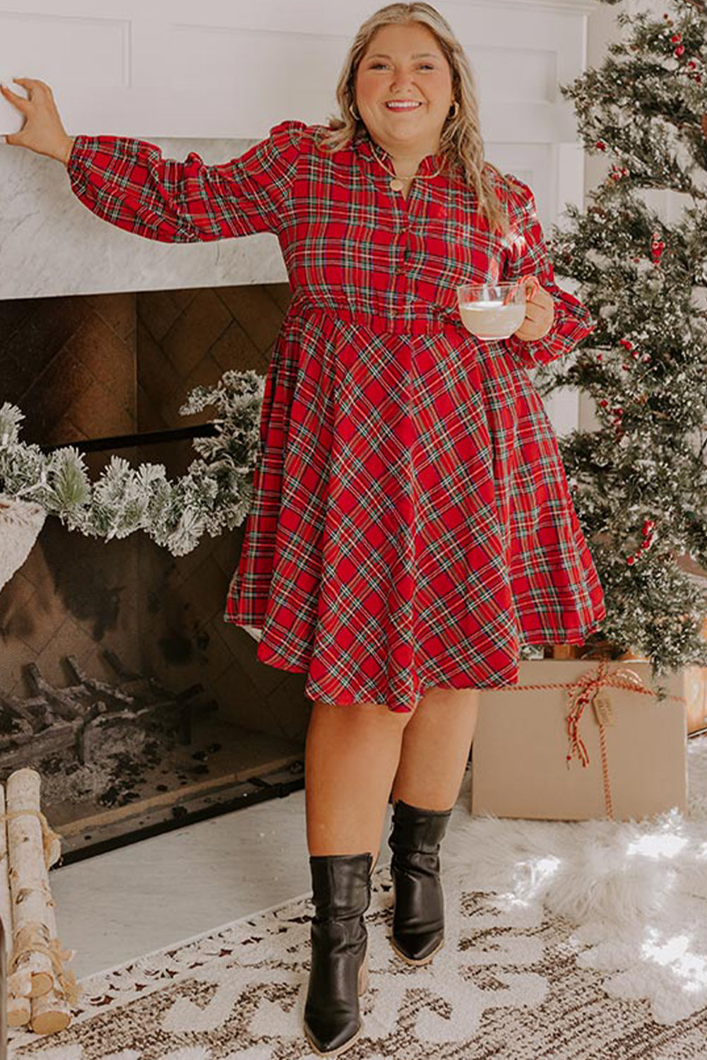 Red Plus Size Plaid Half Button Long Sleeve Holiday Dress