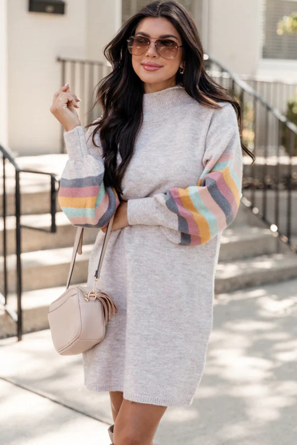 Light Grey Striped Detail Puff Sleeve High Neck Shift Mini Sweater Dress
