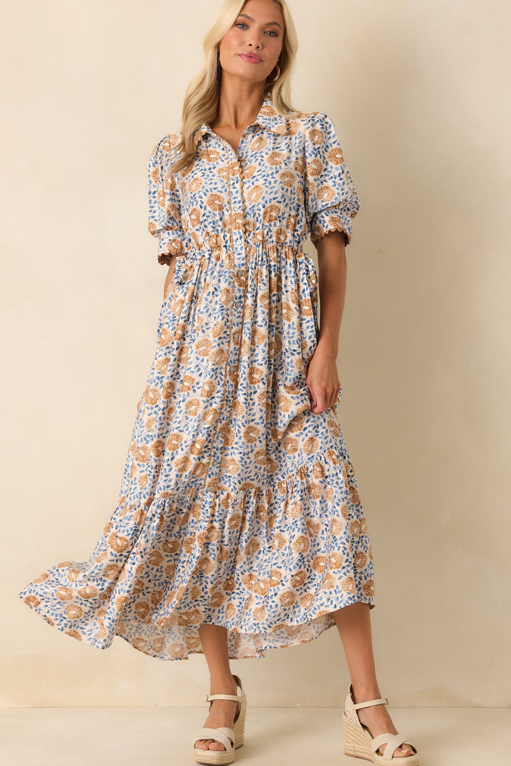 Sky Blue Multi Floral Print Shirt Collar Button Down Short Sleeve Maxi Dress