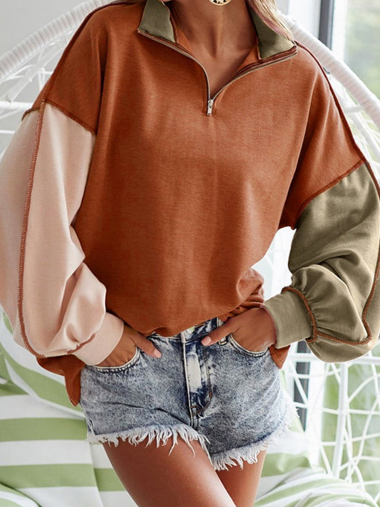 Khaki Zippered V-Neck Color Block Sweatshirt