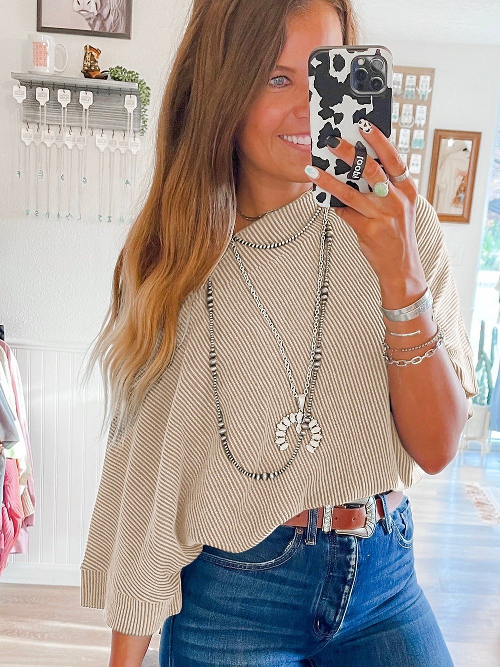 Apricot Boatneck Batwing Sleeve Striped Cording Blouse