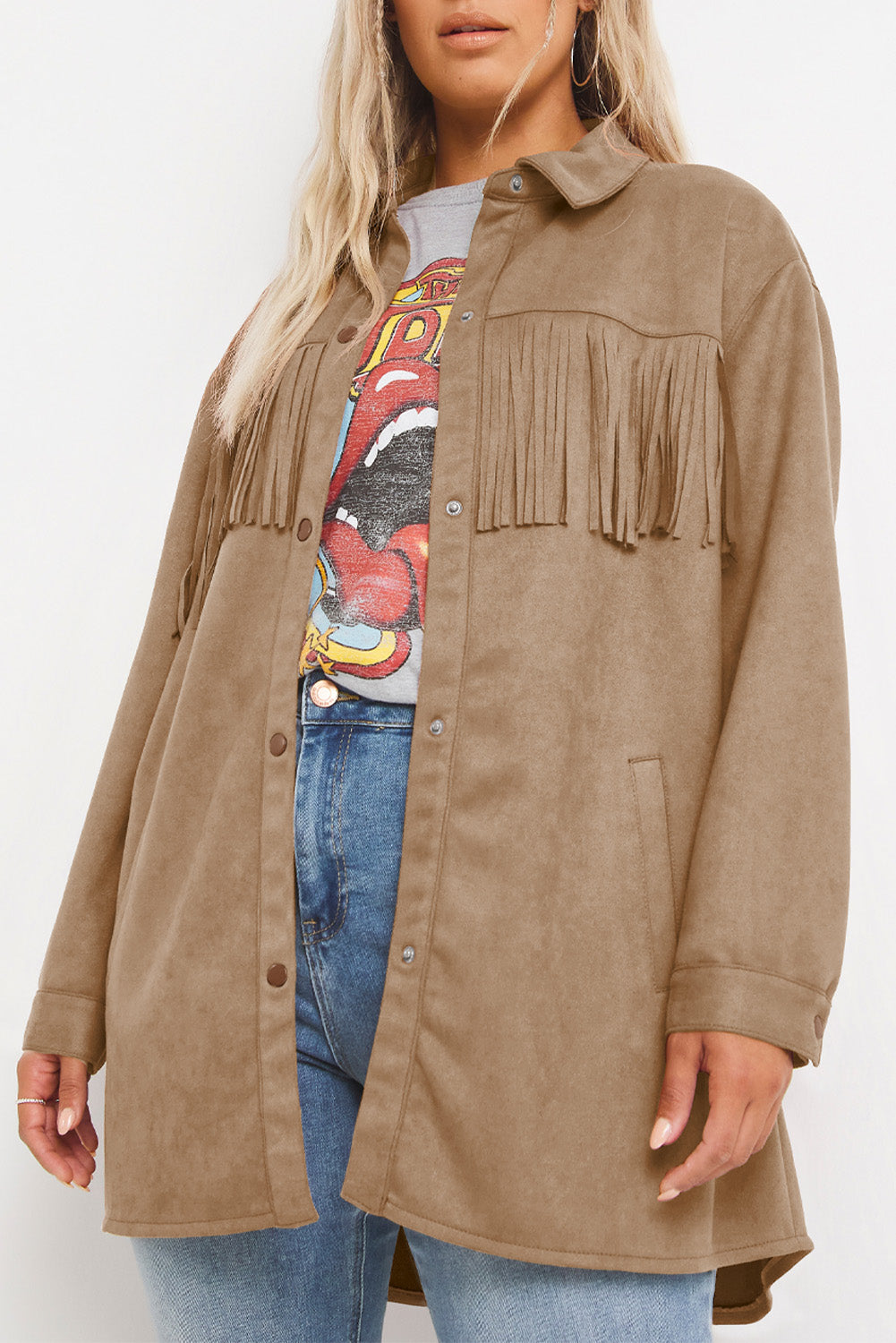 Khaki Suede Shacket with Fringe Detail for Plus Size Women