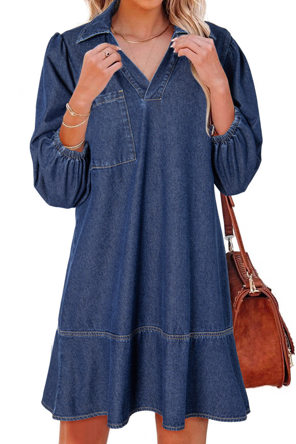 Sail Blue V Neck Collared Single Chest Pocket Long Sleeve Denim Dress