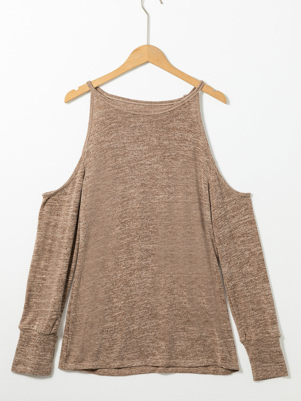 Khaki Marble Cold Shoulder Knit Top with Long Sleeves