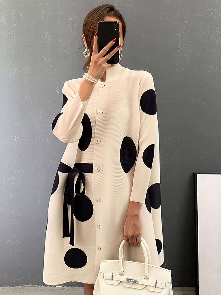 Pleated Polka Dot Tie Stand Collar Mini Dress
