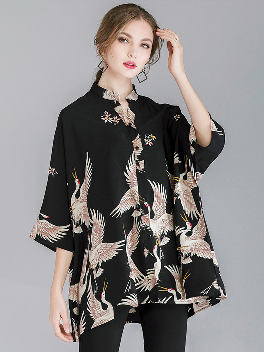 Plus Blouses - Size Curve Blouses Crane Print Loose Oversized Blouse - MsDressly