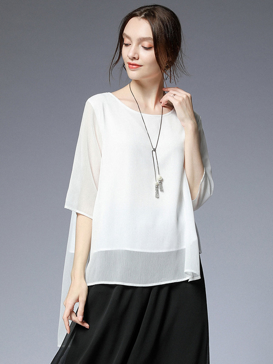 Plus Blouses - Size Curve Blouses Loose Elegant Round Neck Mid-Sleeved Chiffon Blouse - MsDressly