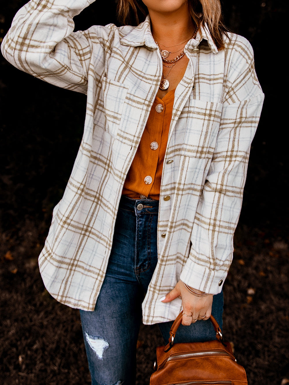 Khaki Plaid Button-Up Shirt Jacket with Side Slits